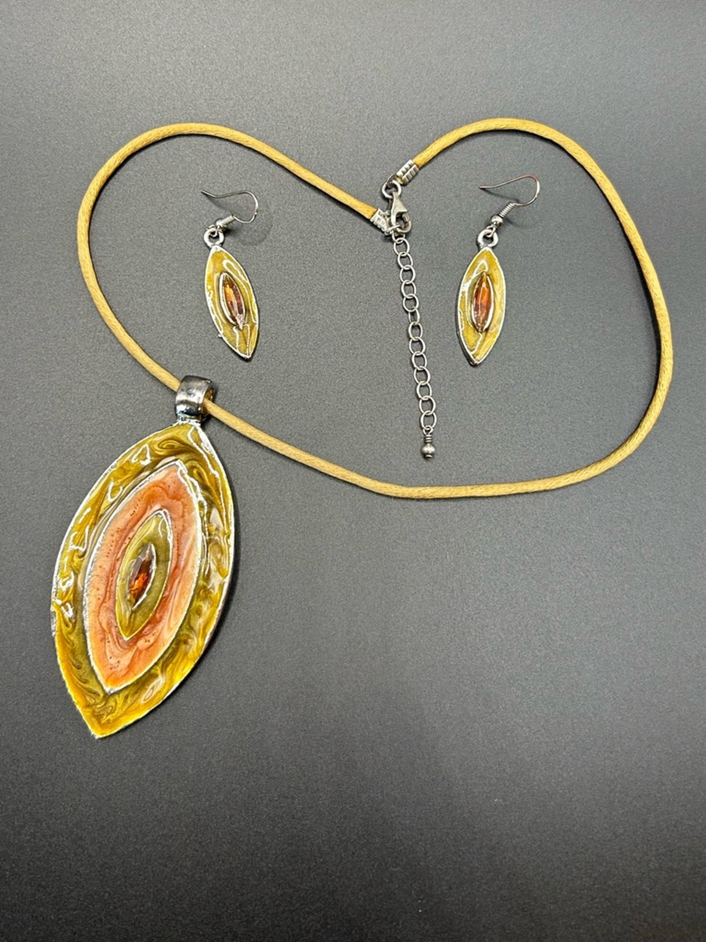 Handcrafted Olive Green and Coral Pendant Necklace with Matching Earrings